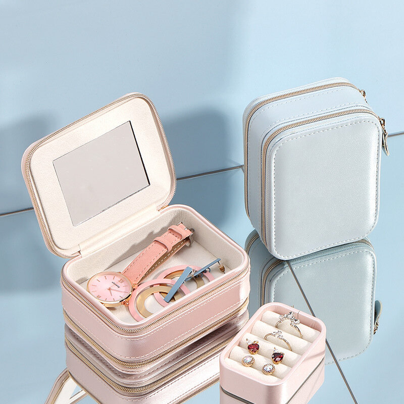 Portable Double Zipper Jewelry Packaging Box, Display Stand, Organizador De Armazenamento, Estojo De Couro PU, Anel, Orelha, Anel, Pulseira, Colar