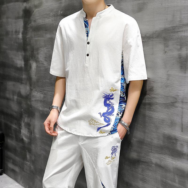 Retro chinesische Art Zen Tee Hemden Hosen Kung Fu Uniform mittelalter liche Wikinger Mode lässig T-Shirt Hosen Tang Anzug Männer Sets