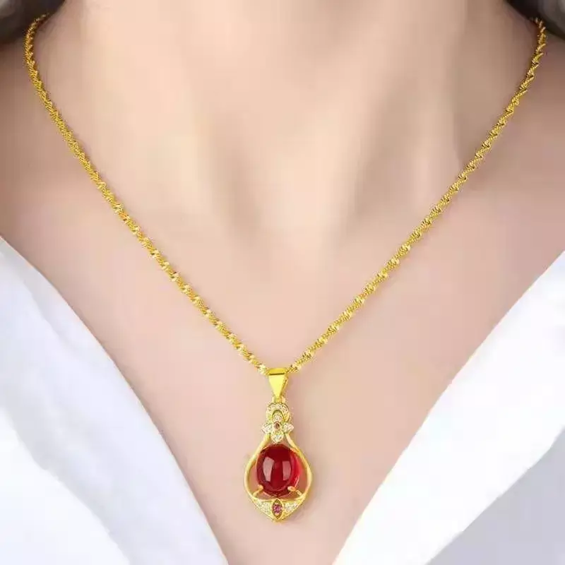 Mencheese Copy 100% Gold Plated Vietnam Alluvial Gold Necklace Water Drop Flower Pendant Colorfast Temperament Wild Jewelry
