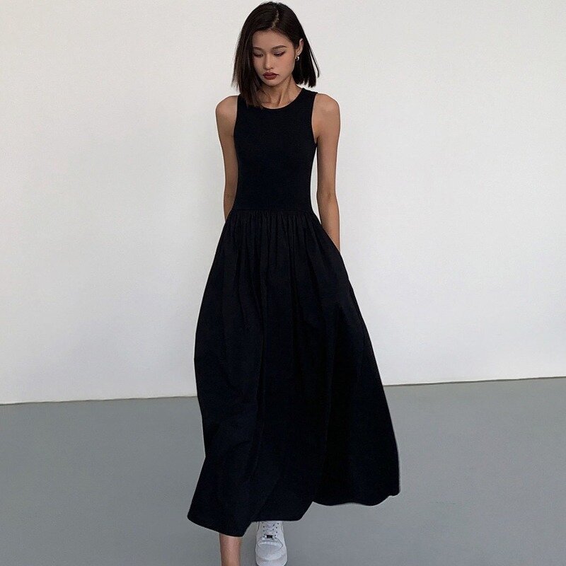 Houzhou lässig schwarz ärmelloses langes Kleid Frauen Bodycon einteiliges Kleid Maxi kleider weiß Vintage elegant plissiert Vestido