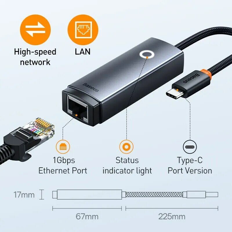 Baseus adaptor Ethernet USB C ke Ethernet, adaptor aluminium Gigabit USB C untuk Laptop MacBook Pro 1000/100Mbps USB Lan kartu jaringan RJ45