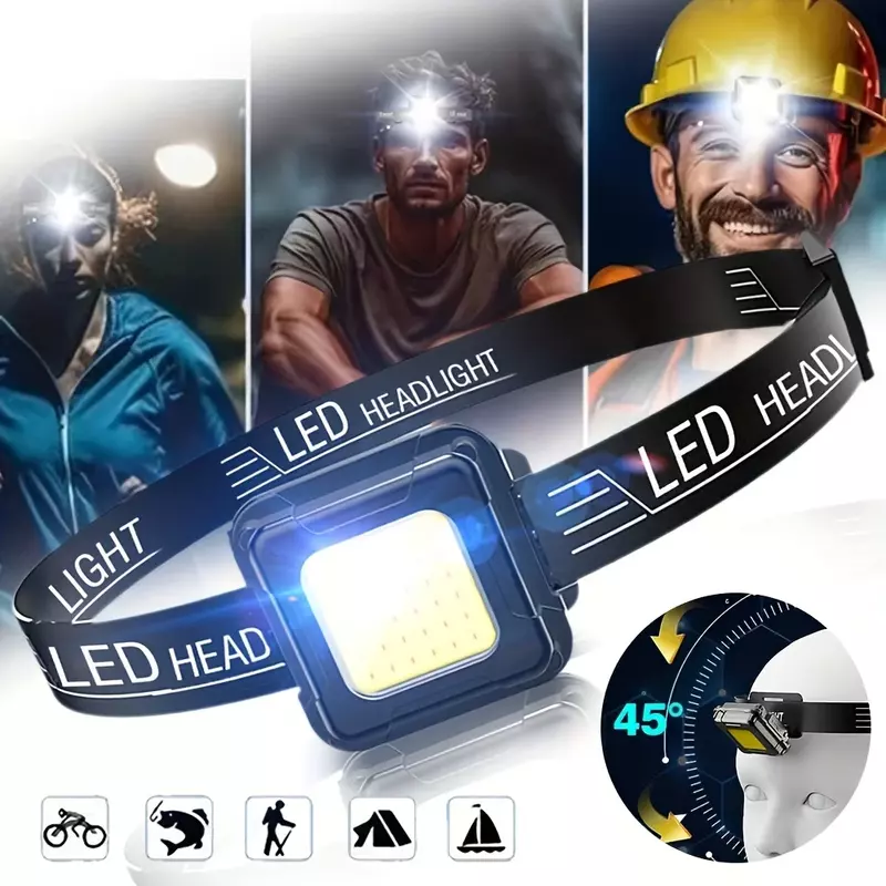 Tipo C USB carregamento farol LED, Compact Head lanterna, ângulo ajustável, 4 modos de luz, trabalho, escalada, emergência