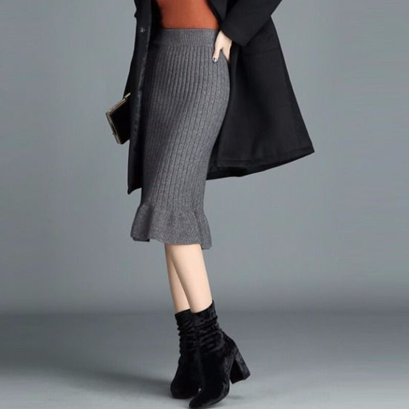 2022 autunno inverno elegante vita alta aderente Ruffle sirena gonne lavorate a maglia per le donne Fashion Office Lady Solid Slim Midi gonne