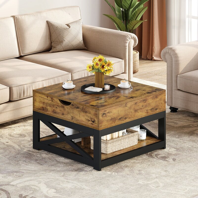 US  Farmhouse Lift Top Coffee Table with Hidden Storage Square Center Cocktail Table