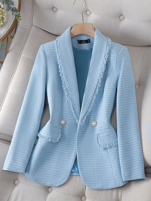 Blazer feminino de peito único, jaqueta feminina, casaco casual, manga comprida, rosa, branco, azul, fino, outwear feminino, outono, inverno