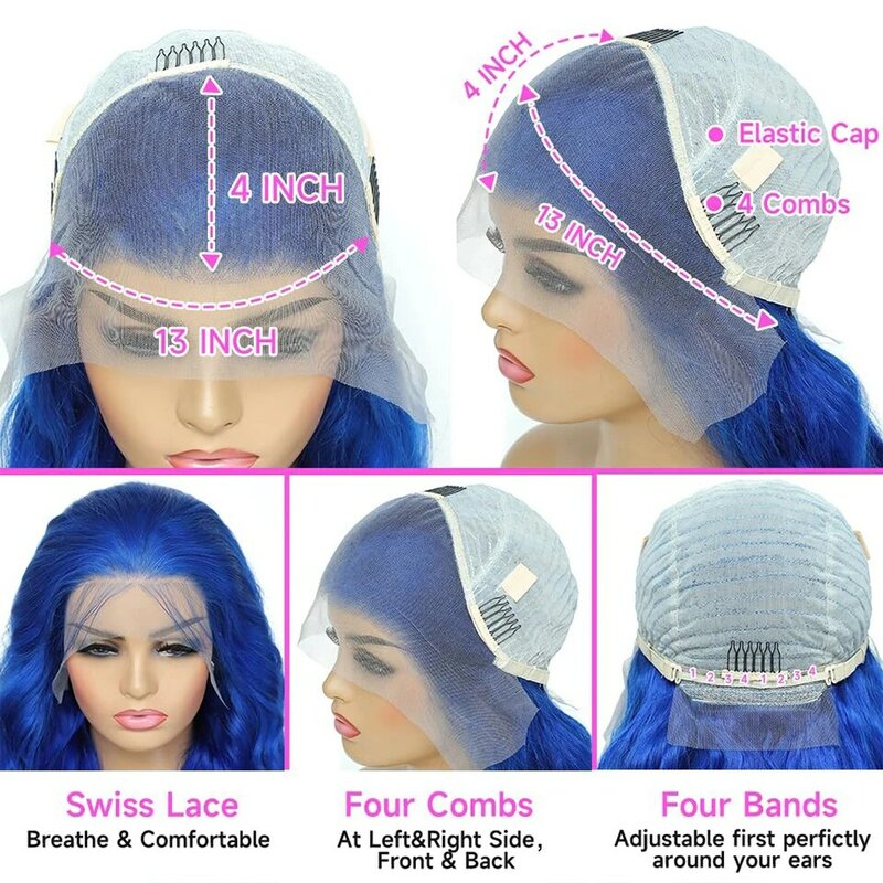 Peluca frontal de encaje azul, cabello humano 13x4 con encaje frontal, 200% de densidad, onda corporal de color, HD, transparente