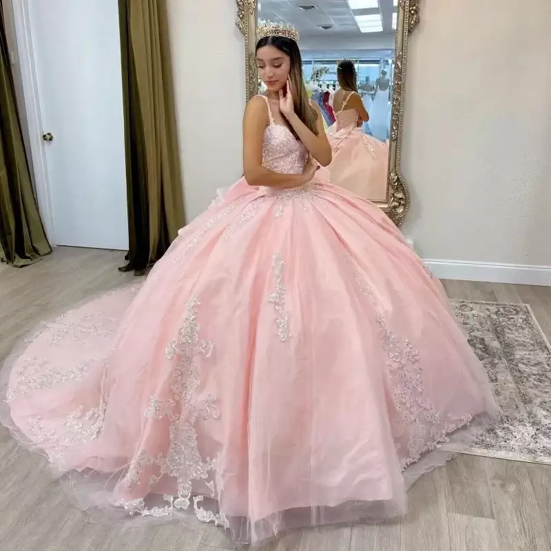 Rosa Spaghetti träger Prinzessin Quince anera Kleider Ballkleid Applikationen 3d Blumen süße 16. Prinzessin Party Vestidos de 15 Anos