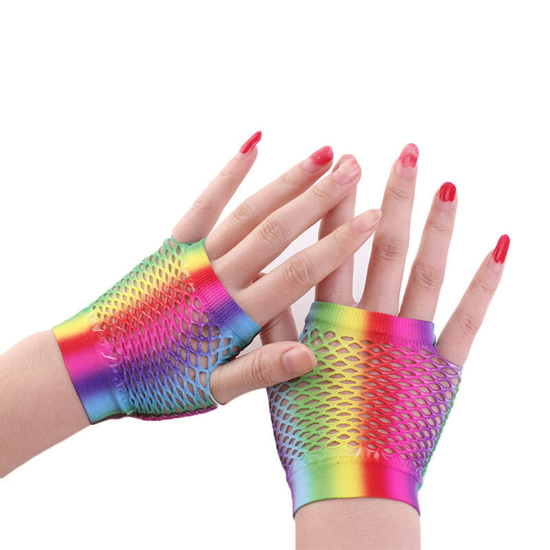 1pair Rainbow Color Ladies Sexy Mesh Net Fishnet Gloves Women Hollow Out Holes Fingerless Gloves Lady Disco Dance Costume Mitten