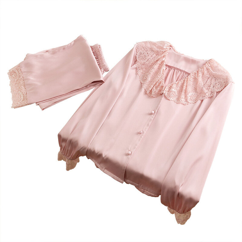 Women's Pink Satin Lace Pajamas Pyjamas Set Button Pijama Sleepwear Nightwear Home Clothing