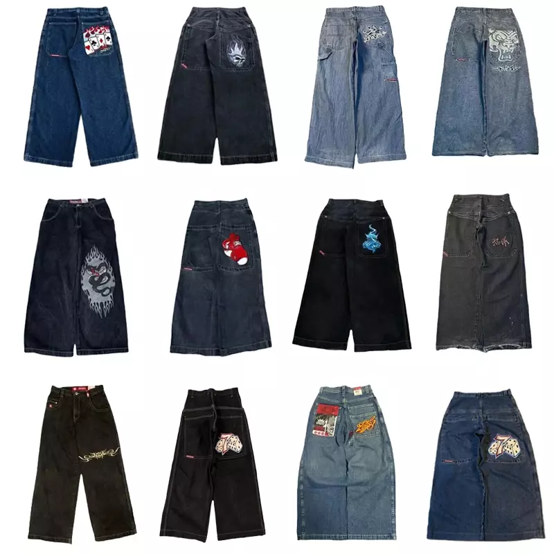 Harajuku JNCO Wide Leg Jeans Streetwear Men Y2K Retro Hip Hop High Quality Embroidered Denim Pants Casual Baggy Trousers New