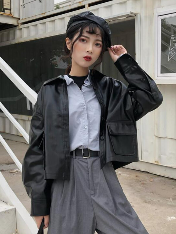 Autumn Short PU Leather Jacket Women 2022 Winter Korean Fashion Thin Loose Biker Coat Female Vintage Pockets Streetwear Chic Top