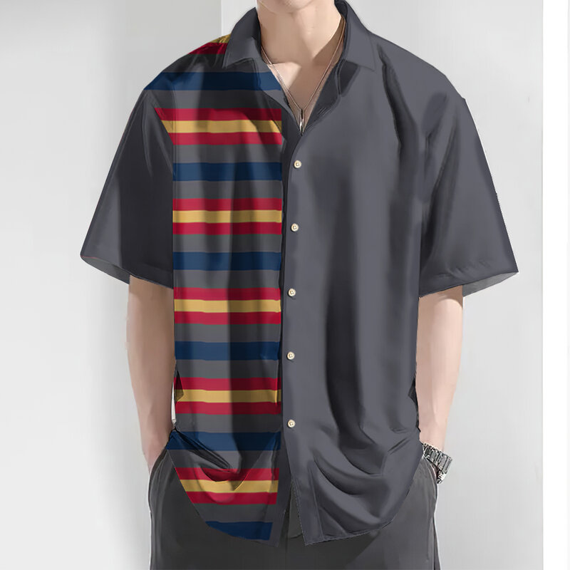 남성용 3D 스트라이프 프린트 셔츠, 캐주얼 반팔 상의, 루즈 오버사이즈 하와이 셔츠, 빠른 건조 의류, 여름 2024