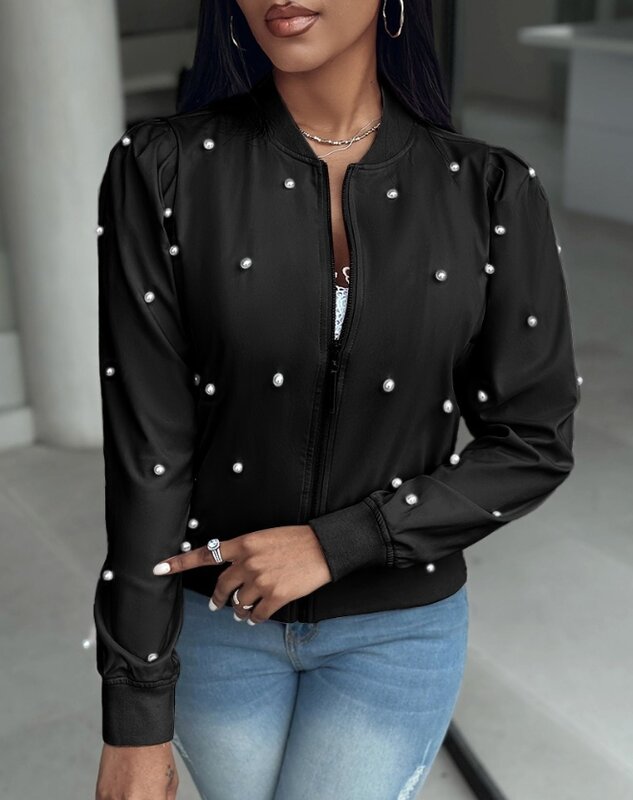 Jacken mantel 2023 Herbst Winter Frühling neue lässige Perlen Baseball kragen Reiß verschluss Design weibliche Mode süße Kleidung Outfits