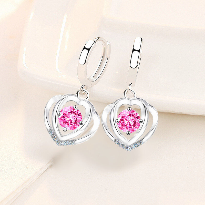 925 sterling silver 2021 new women's fashion jewelry high quality blue pink crystal zircon simple heart-shaped earrings