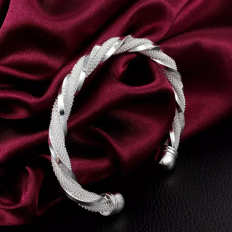 Mencheese Silver Braided Bangle Jewelry 925 Sterling Silver Fashion Mesh Wide Bracelets Bangles for Women Men