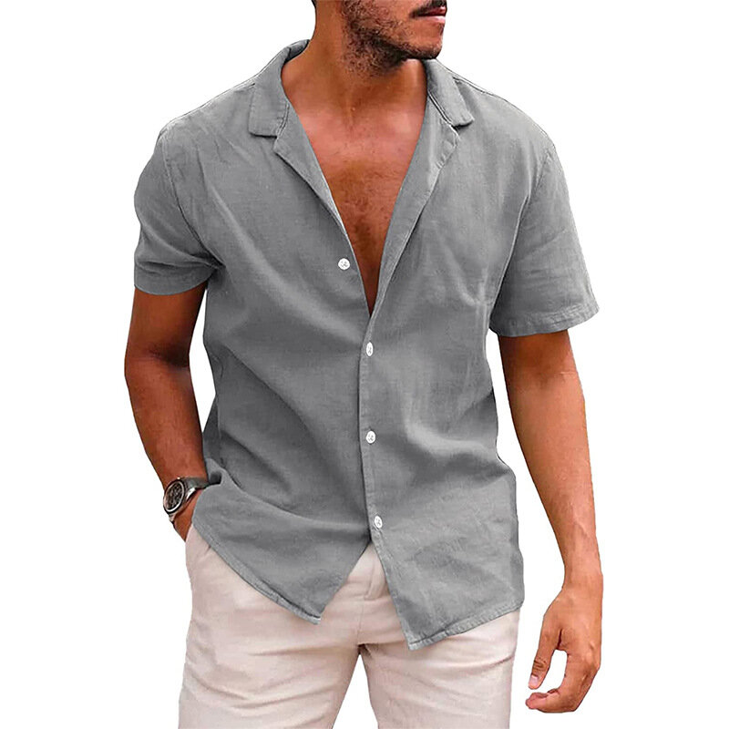 Camicia da uomo in cotone e lino con bottoni a maniche corte in tinta unita con risvolto estivo