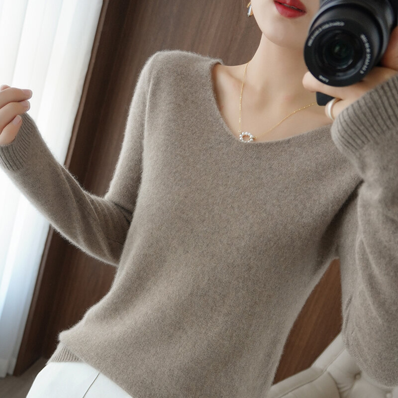 Suéter de lã com decote em v feminino, tops casuais, monocromático, jaqueta regular feminina 100% pura, outono, pulôver de inverno, quente