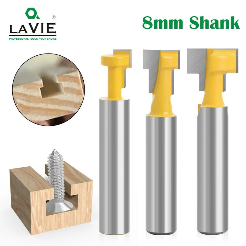LAVIE-Shank T-Slot cortador, roteador Bit Set, Bits chave, parafuso sextavado, T Slotting, fresa de madeira, ferramenta de madeira, 8mm, C0814208