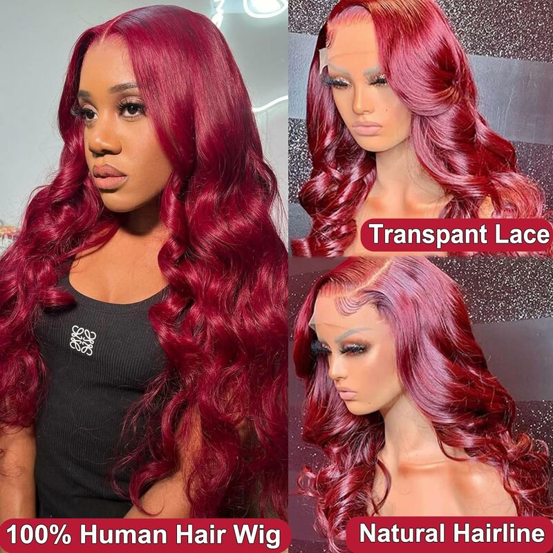 Body Wave Wig depan renda Burgundy 99J rambut manusia 13x4 HD Wig Frontal renda Wig warna anggur merah telah ditanami dengan rambut bayi 30 inci