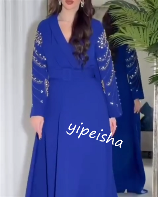 فستان سهرة طويل برقبة على شكل حرف V مزين بالخرز ، وشاح جيرسي سعودي ، فستان حفل زفاف ، مناسبة مخصصة