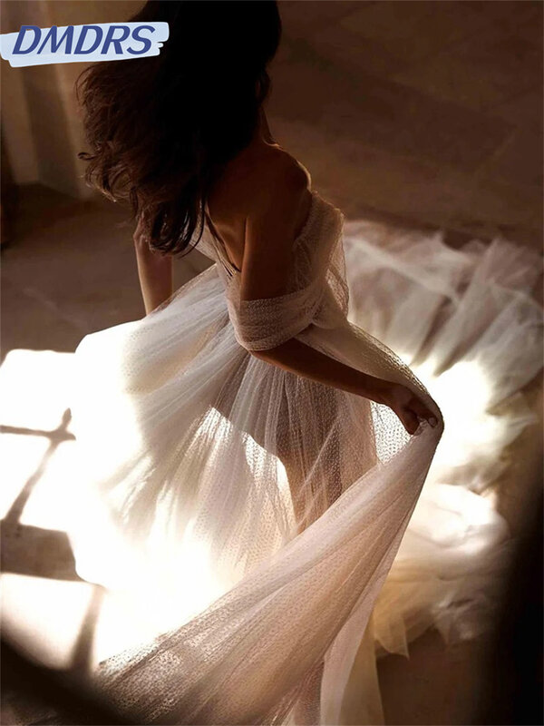 Gaun pengantin bahu terbuka 2024 gaun pernikahan Tulle elegan romantis bentuk A-line gaun panjang lantai Vestidos De Novia
