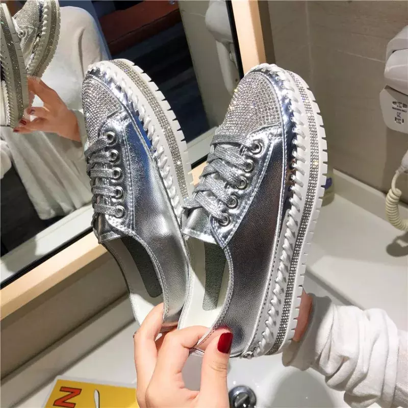 Sapatilhas de plataforma de dedo redondo para mulheres, sapatos de cristal branco com renda Bing, confortável, casual, moda feminina, primavera, 2022