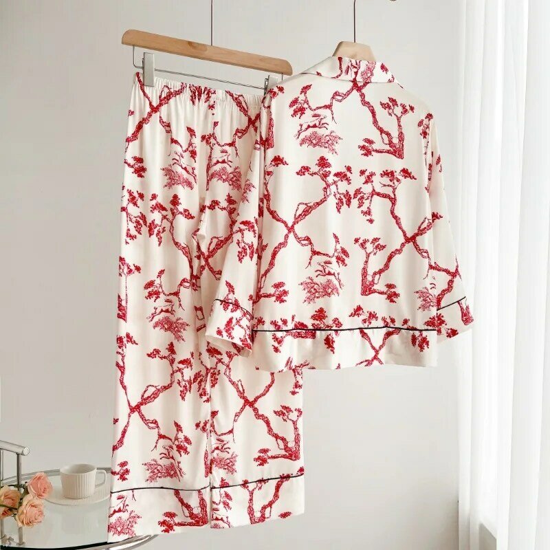 Female Pajamas Set Spring Autumn Silk Satin Sleepwear Long Sleeve Trouser Pyjama Pour Femme Loose Red Print Home Wear Loungewear