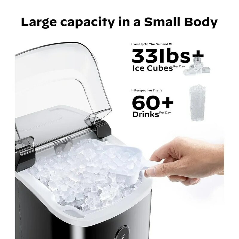 Máquina de hielo masticable Silonn con función de autolimpieza, máquina Ic de pellets, 33lbs/24H para el hogar, cocina, oficina, negro