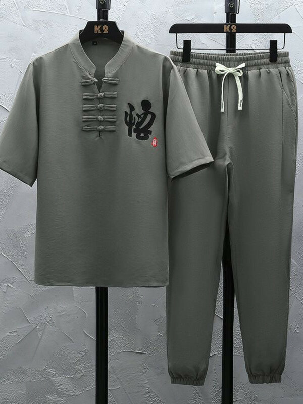 2024 Summer Fashion Sports t-shirt manica corta in cotone e lino Set da uomo Casual rilassato traspirante di alta qualità in due pezzi 4XL
