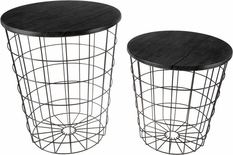 Set of 2 Nesting Storage Side Tables - Vintage Look with Wood Veneer and Metal Frame - Round End Tables with Storage Basket
