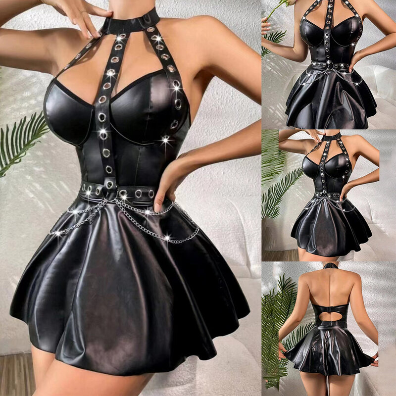 Women Sexy Black PU Leather Punk Dress Wet Look Bodycon Short Dress Corseted Studded Backless Nightclub Wear Erotic Lingerie