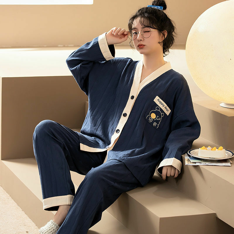 SUO & CHAO Cartoon Print V-ausschnitt Pyjamas Sets Für Frauen Langarm Tops Annnd Lange Hosen Nachthemd Homewear