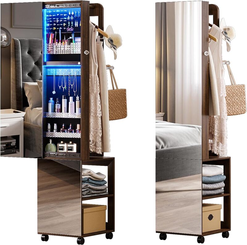 360 Grad drehbarer Schmuck Schrank Spiegel Organizer 63 ''groß mit 3 farbigen dimm baren LED-Leuchten und hinteren Lager regalen