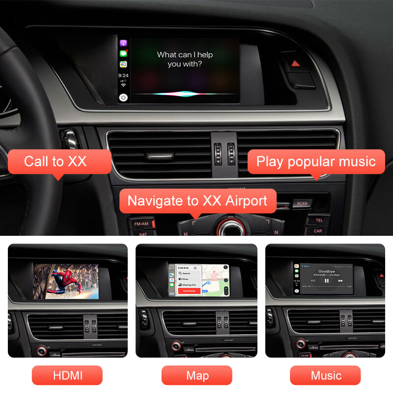 CarPlay ไร้สายสำหรับ Audi A4 A5 Q5 2009-2015พร้อมแอนดรอยด์ออโต้อินเตอร์เฟส AirPlay Mirror Link ฟังก์ชั่นเล่นบนรถ YouTube