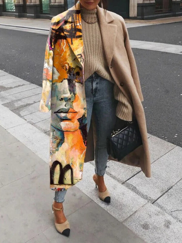 2023 Casual Lapel Long Sleeve Blend Wool Coats Fashion Portrait Print Women Long Overcoat Winter Elegant Lady Cardigan Outerwear