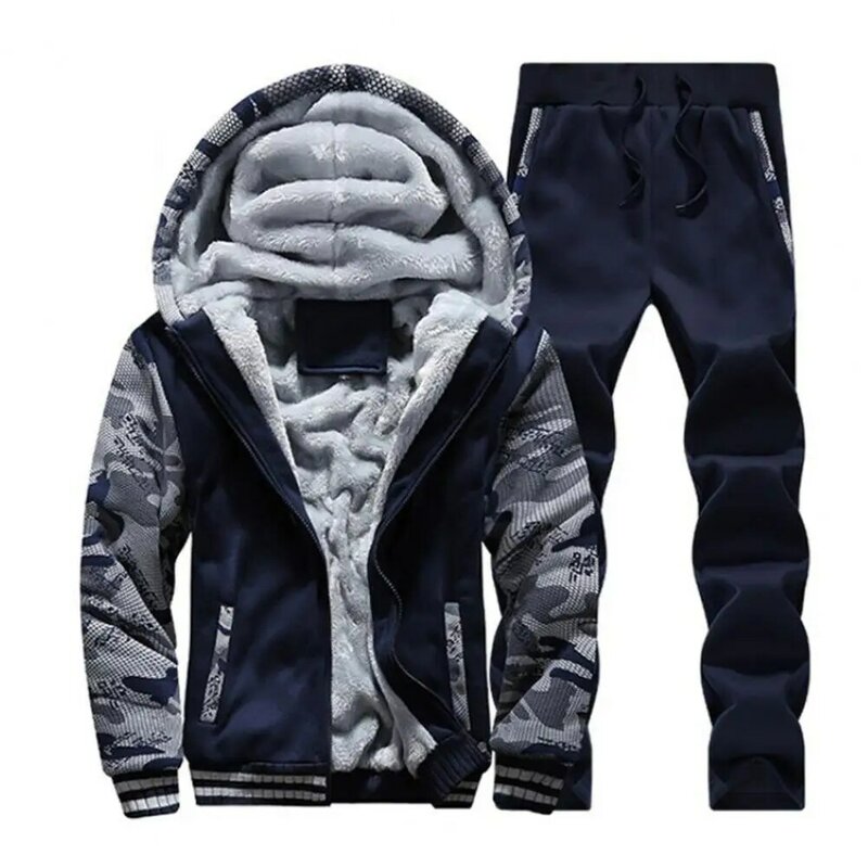 Plush Men Sweatshirt Zipper Hoodies Sweatpant Men's Tracksuit Casual Jogging Suit  Outdoor Set Winter Hooded Coat Pants Suit