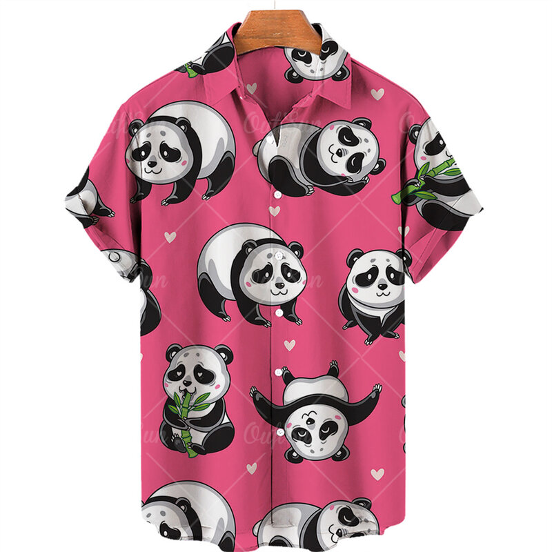 Camisa havaiana masculina e feminina panda estampa 3D, roupas de praia verão, blusa de manga curta, lapela vocacional masculina, moda masculina, fofa
