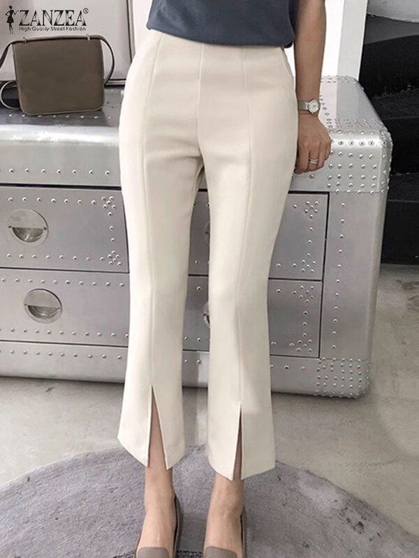 ZANZEA 2024 eleganckie lato damskie spodnie biurowe kobiet elastyczna talia spodnie typu Casual jednolity kolor dzwonki biurowe pantalony Femme