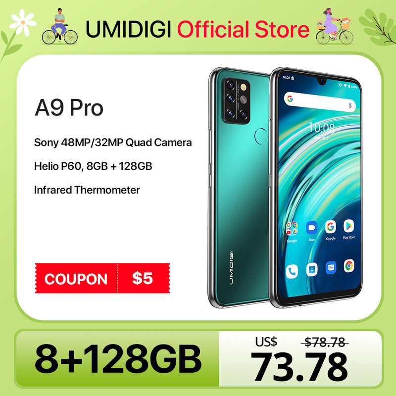 UMIDIGI-A9 Pro Smartphone Android, Celular Desbloqueado, Câmera Quádrupla, 32, 48MP, 4GB, 64GB, 6GB, 128GB, Helio P60, 6,3 ", FHD +, Versão Global