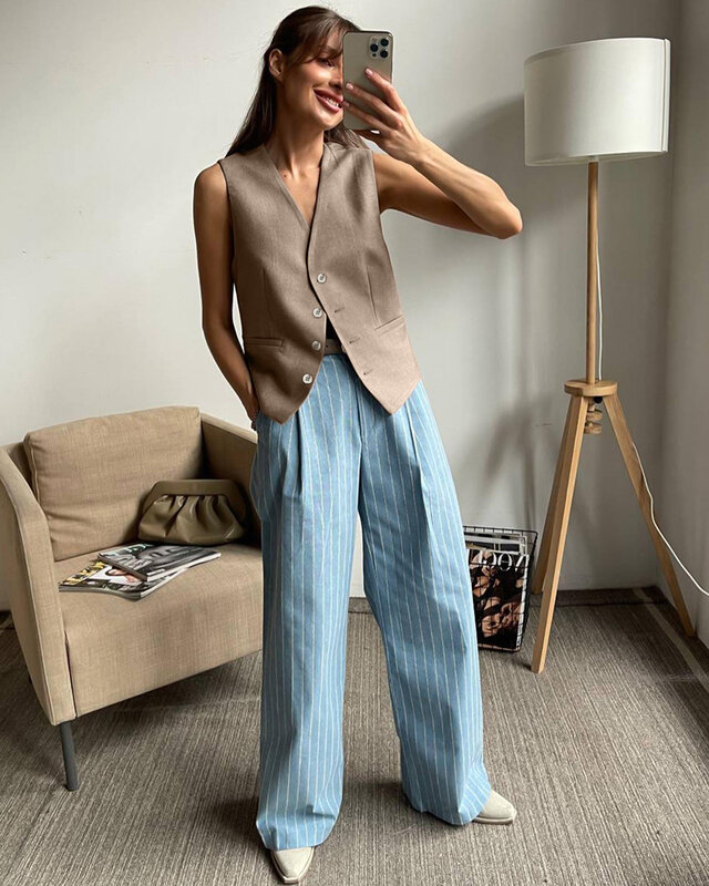 Sleeveless Button Up Tops Two Piece Sets Khaki Office Outfits Gray V Neck Tank Tops Suits Summer Pleated Long Pants Suit