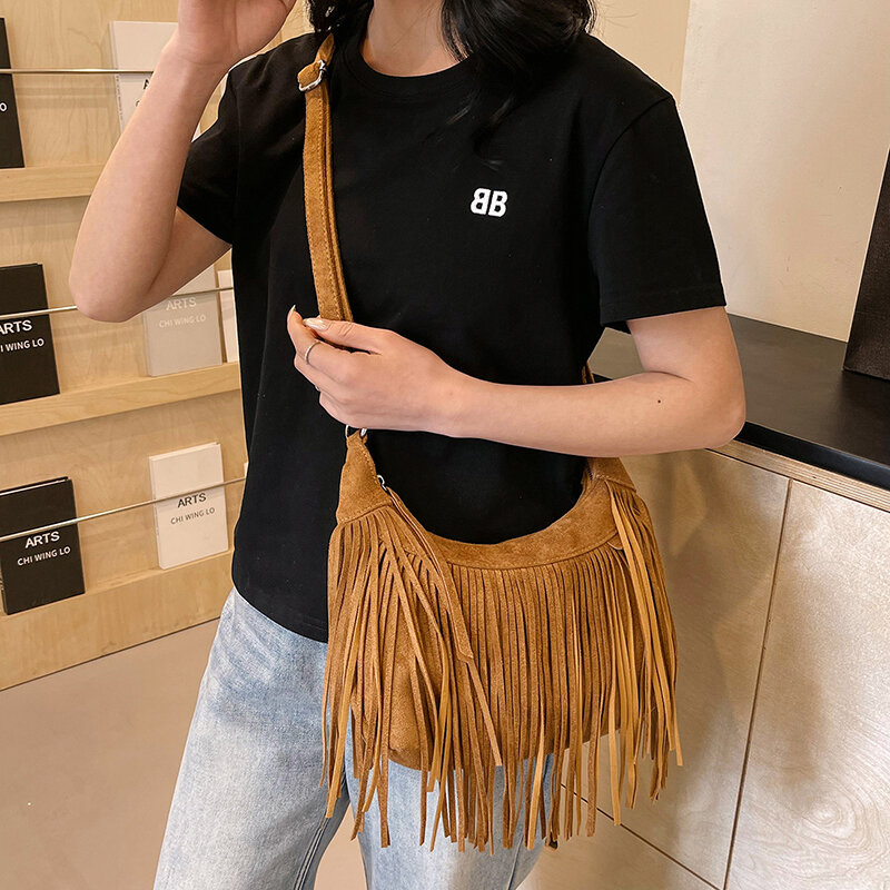 Tas tangan wanita kulit Suede wanita kualitas tinggi tas bahu wanita antik tas selempang rumbai desainer tas Messenger kecil wanita