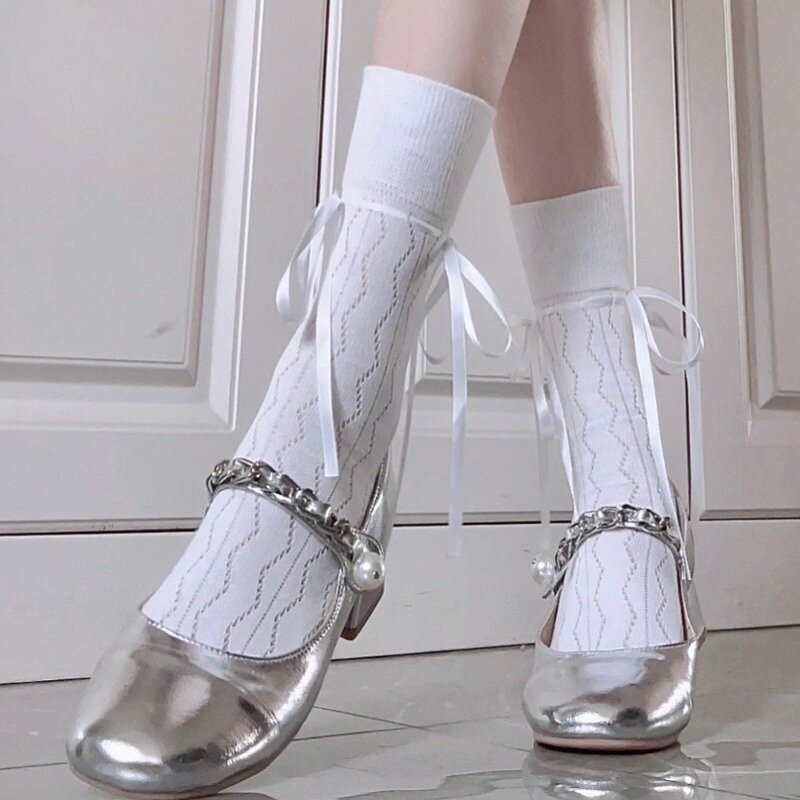 Милые Ленточные носки с бантом для девочек, летние дышащие женские модные чулки средней длины в японском стиле JK для балета