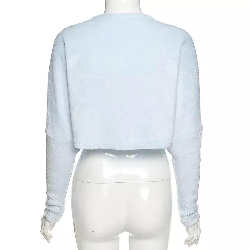 Suéter de pelúcia azul claro, manga comprida, sem alças, alça solta, top casual com tudo, nova moda, inverno, 2022