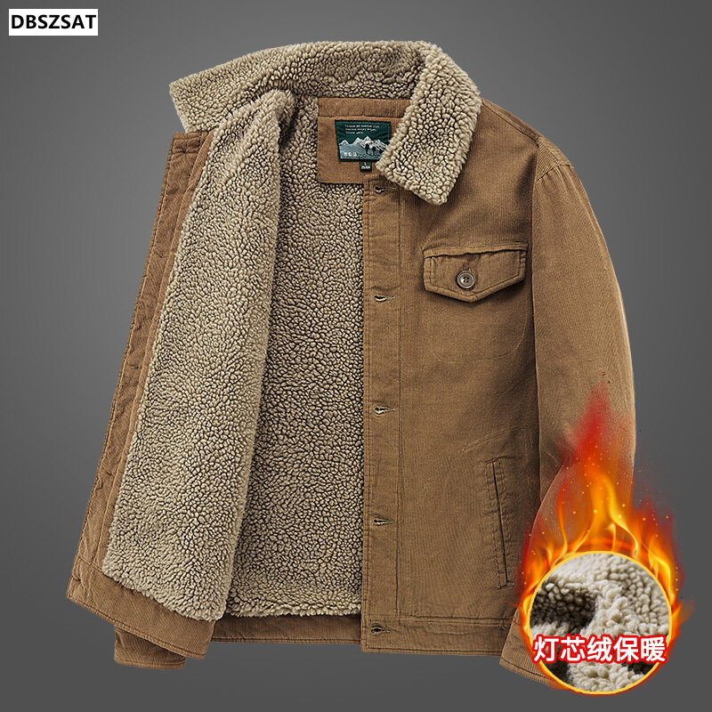 Men Warm Coats Plus Velvet Thick Corduroy Jackets Male Fur Collar Winter Casual Jacket Mens Outwear Thermal Cotton Clothing 6XL