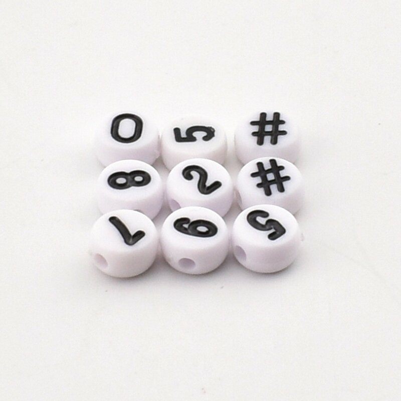 50pcs/lot 7*4*1mm DIY Handmade beading Acrylic beads Round white background black numbers and # symbol beads for jewelry making