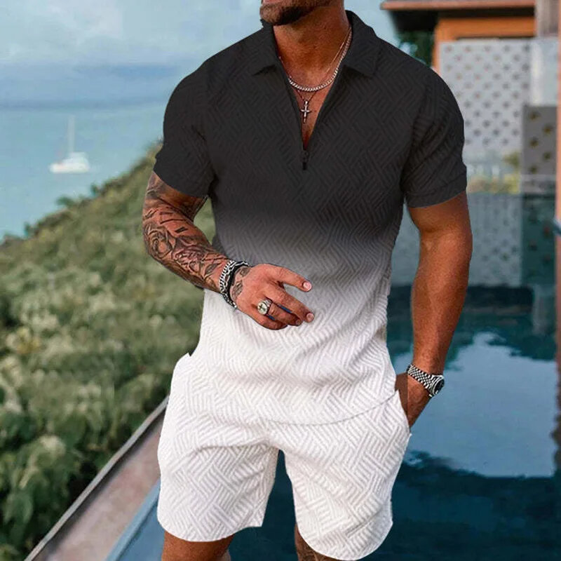 Setelan kaos Polo pria motif 3D gradien, setelan baju Polo pria, kerah ritsleting + celana pendek, 2 potong, pakaian liburan Hawaii