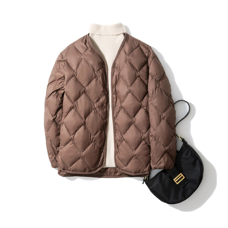 여성용 화이트 덕 다운 코트, 초경량 퍼퍼 깃털 재킷, 방풍 칼라리스 겨울 아우터, 2023 가을 신상