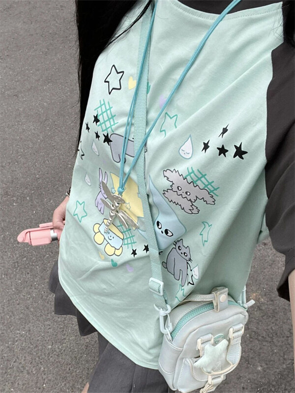 Deeptown-T-shirt de style japonais Y2K pour femmes, Harajuku, Kawaii Anime Print Tees, Respzed Korean, Cute Sweet Girly Patchwork Top, Summer