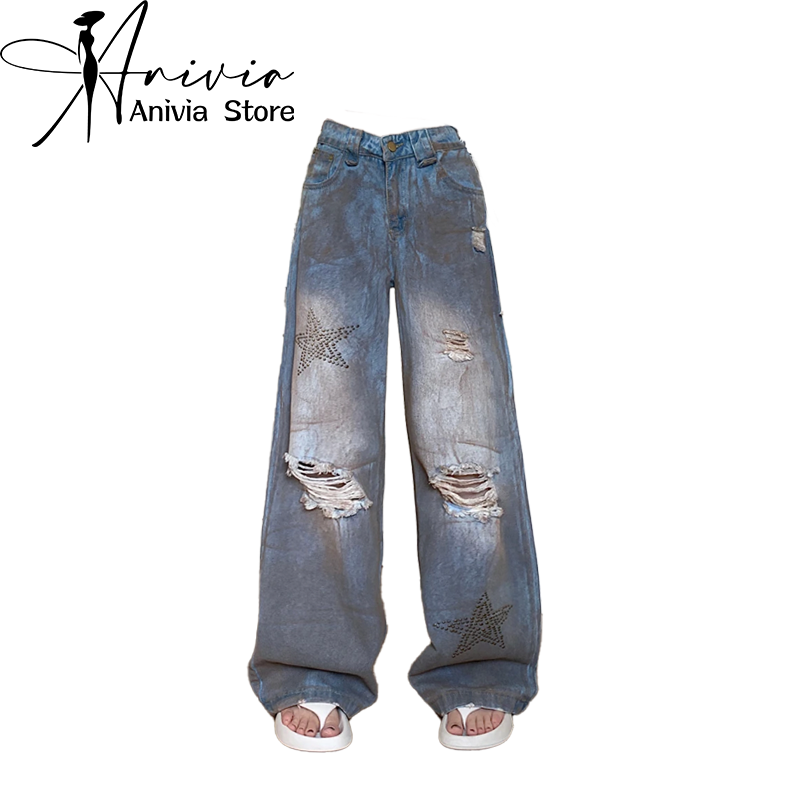 Pantalones vaqueros rasgados azules para mujer, Jeans holgados, Estilo Vintage Harajuku, de gran tamaño, estrella, Y2k, estilo japonés de los años 2000