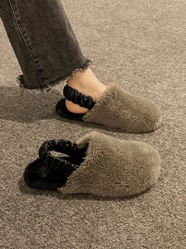 Shoes Woman's Slippers Slides Flock Low Fur Flip Flops 2023 Flat Plush Soft Back Strap Basic Rubber Rome Retro PU with fur